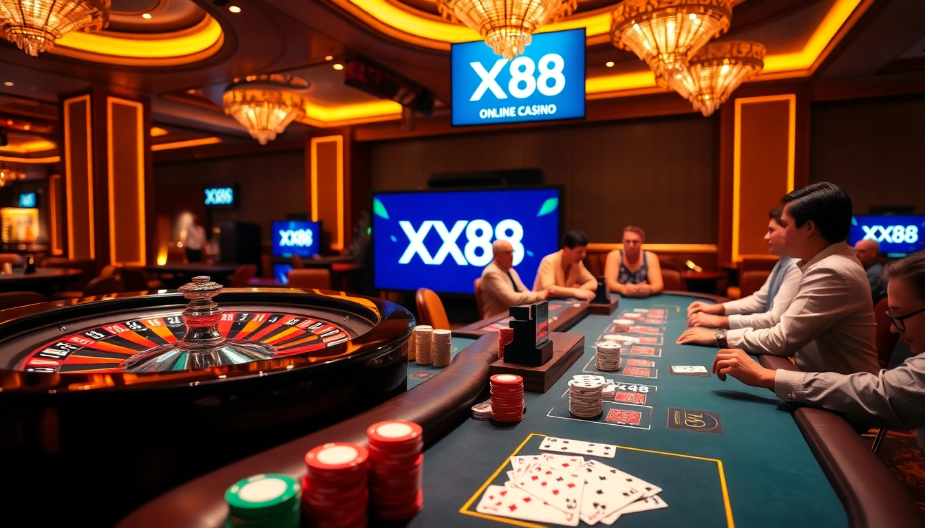 Experience the excitement of gambling at XX88 with vibrant poker tables and a roulette wheel.