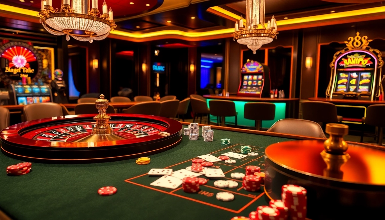 Casino scene showcasing RR88 with vibrant gambling elements like roulette, poker, and slot machines.