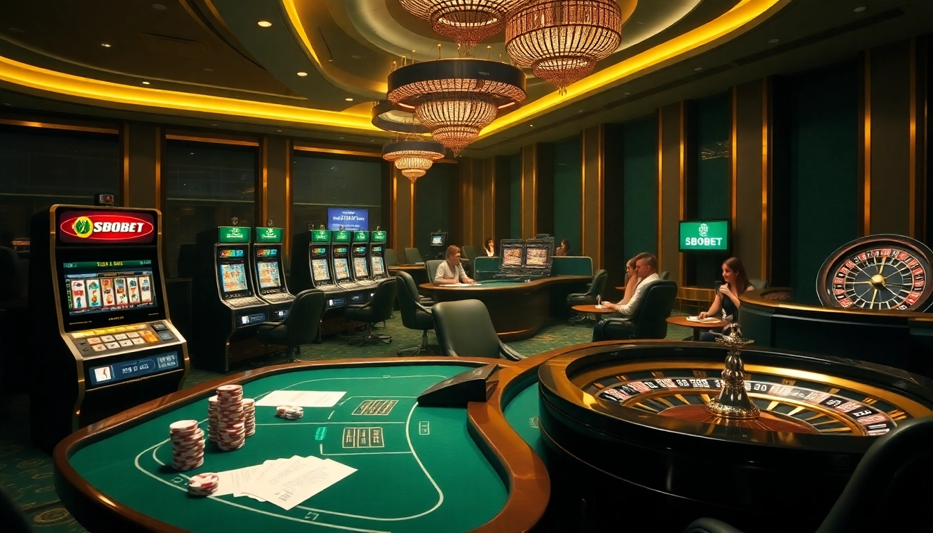 SBOBET online gambling scene with elegant casino tables and vibrant slot machines enhancing the gaming experience.