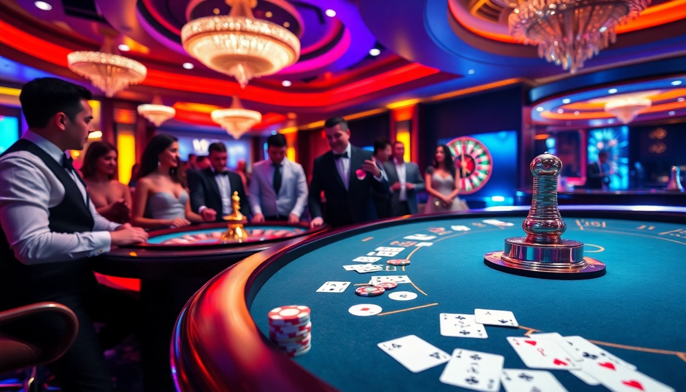 NEO79 players cheering at a vibrant casino table during an exciting game.