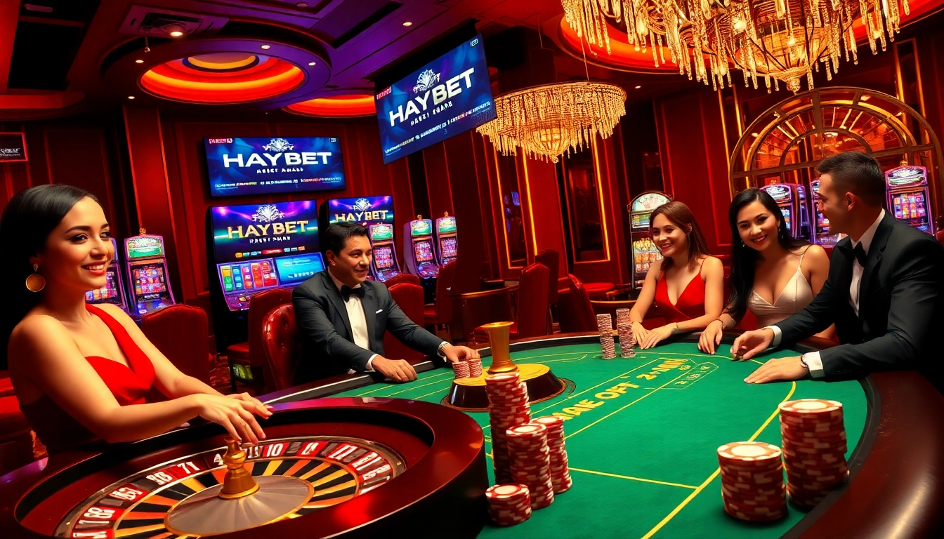 Experience the excitement of gambling at HAYBET casino with dynamic poker and roulette scenes.