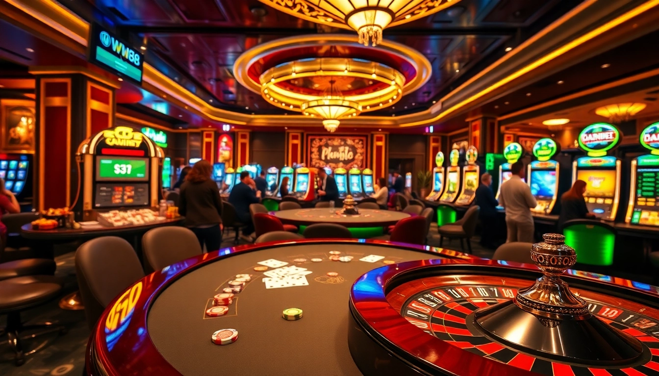 Engage in thrilling casino games at ww88, featuring poker tables and vibrant slot machines.