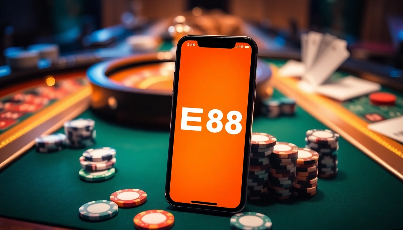 Experience the excitement of the EE88 app at an elegant casino table with roulette and poker chips.
