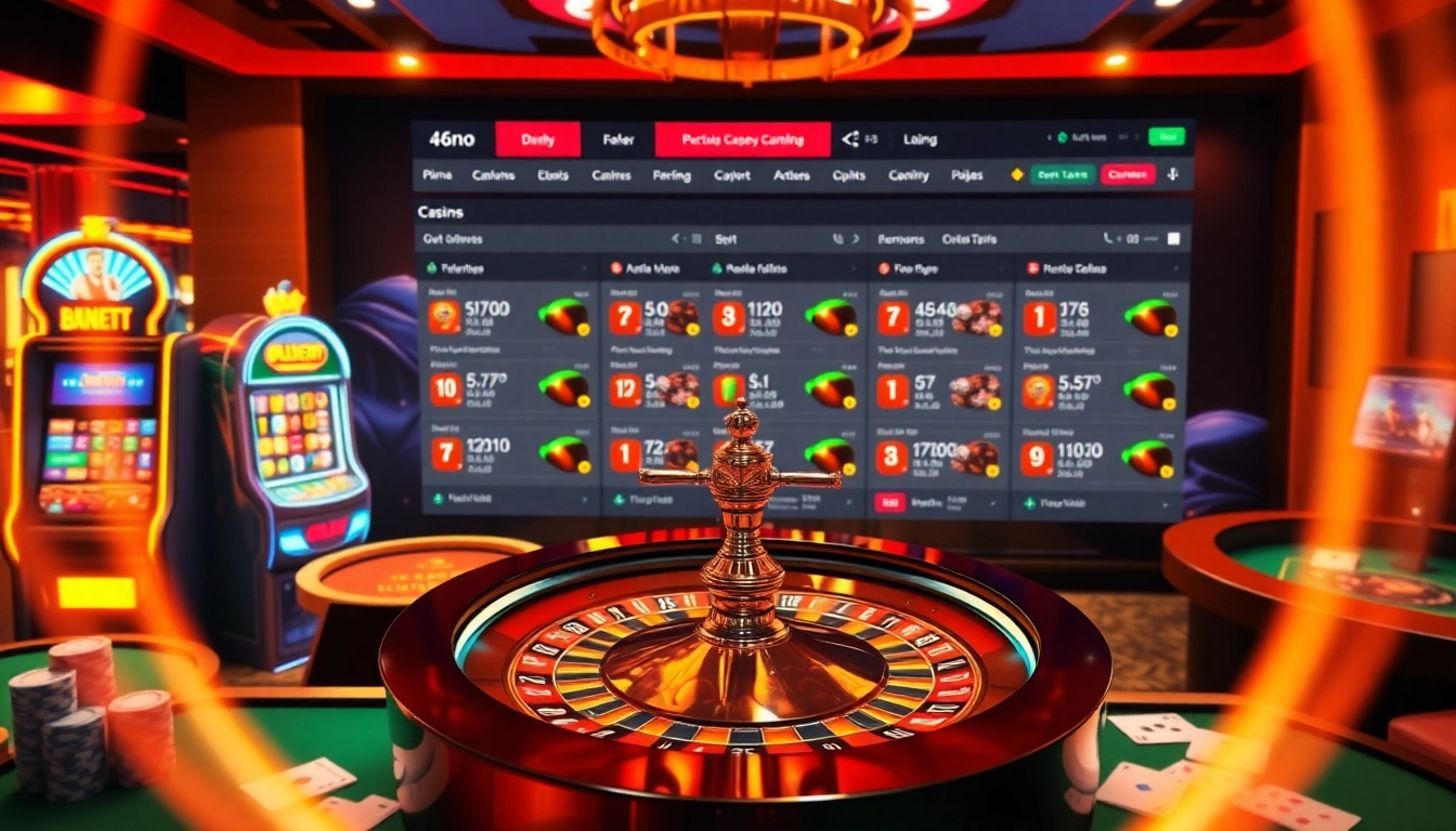 Lô đề trực tuyến gaming scene featuring vibrant casino elements like tables, cards, and a digital roulette wheel.