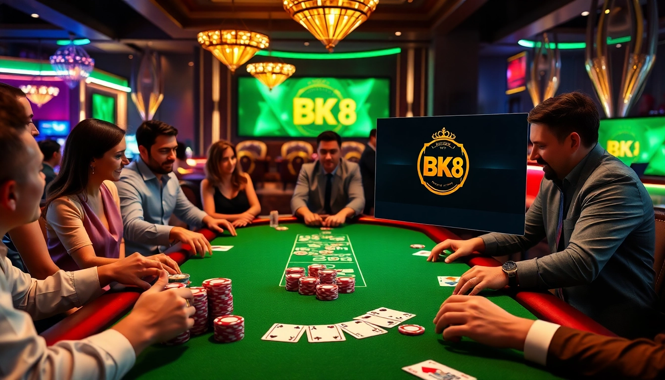 Players enjoying poker at a luxurious BK8 casino table with chips and cards.