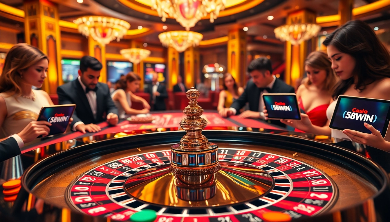 Players experience excitement at the 58WIN casino table adorned with vibrant chips and a roulette wheel.
