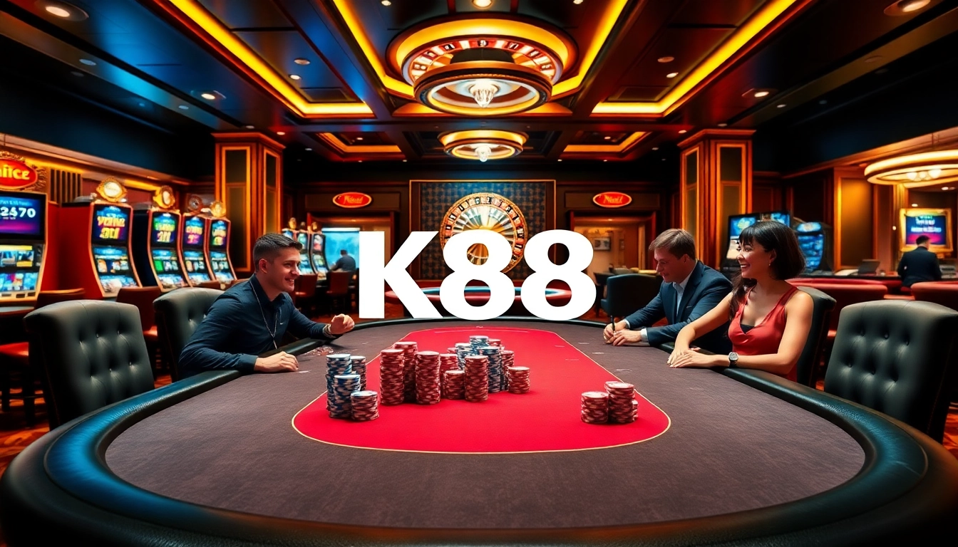 K88 players engaging at a high-stakes poker table in a luxurious casino setting.