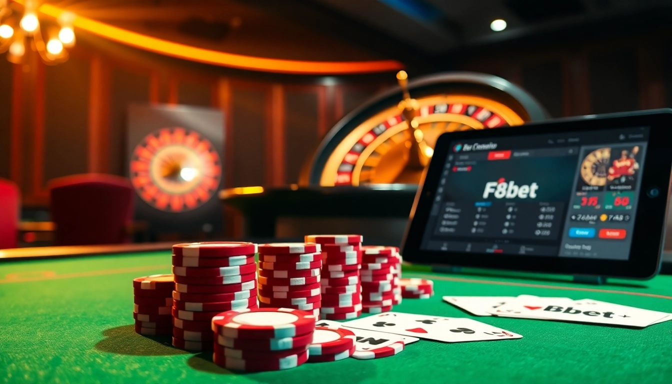 F8bet engaging players at an elegant casino poker table with vibrant chips and excitement.