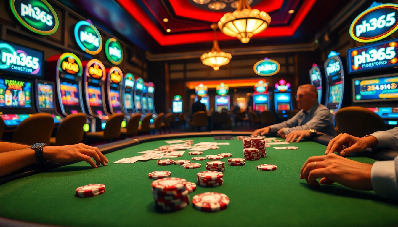 Engaged players enjoy high-stakes poker at a luxurious ph365 casino table.