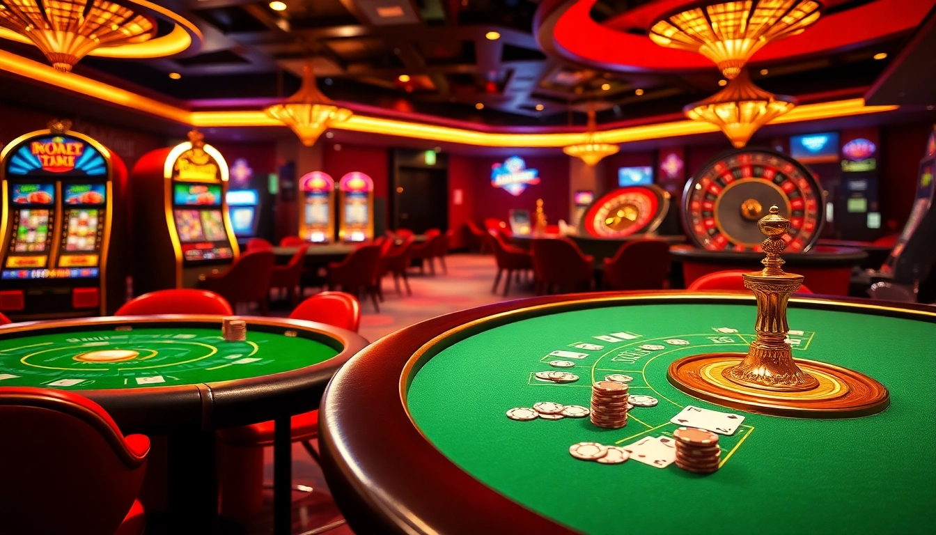 Players engaging in high-stakes poker and blackjack at bem88 casino, surrounded by slot machines.