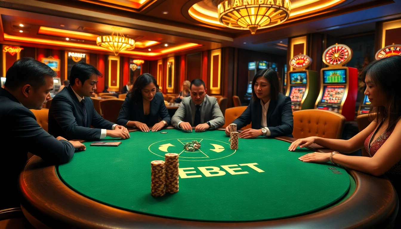 Players enjoy a thrilling game at the FEBET poker table in a luxurious casino setting.