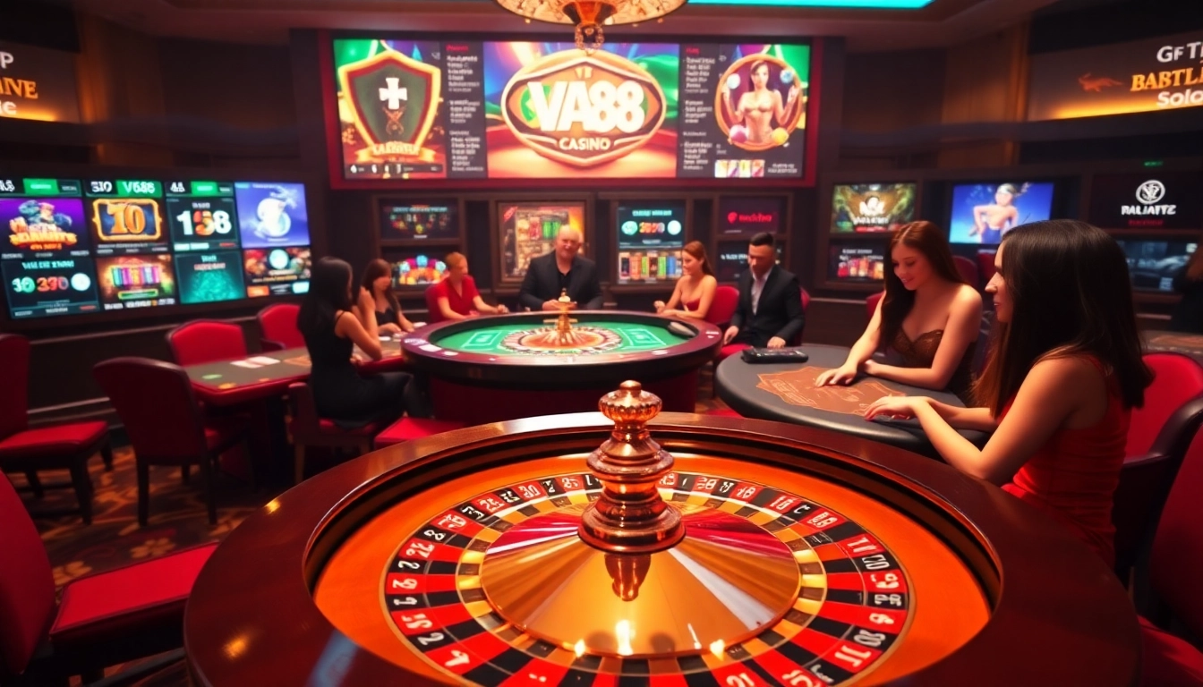 Exciting gaming action at VA88 online casino with roulette, slots, and vibrant players.