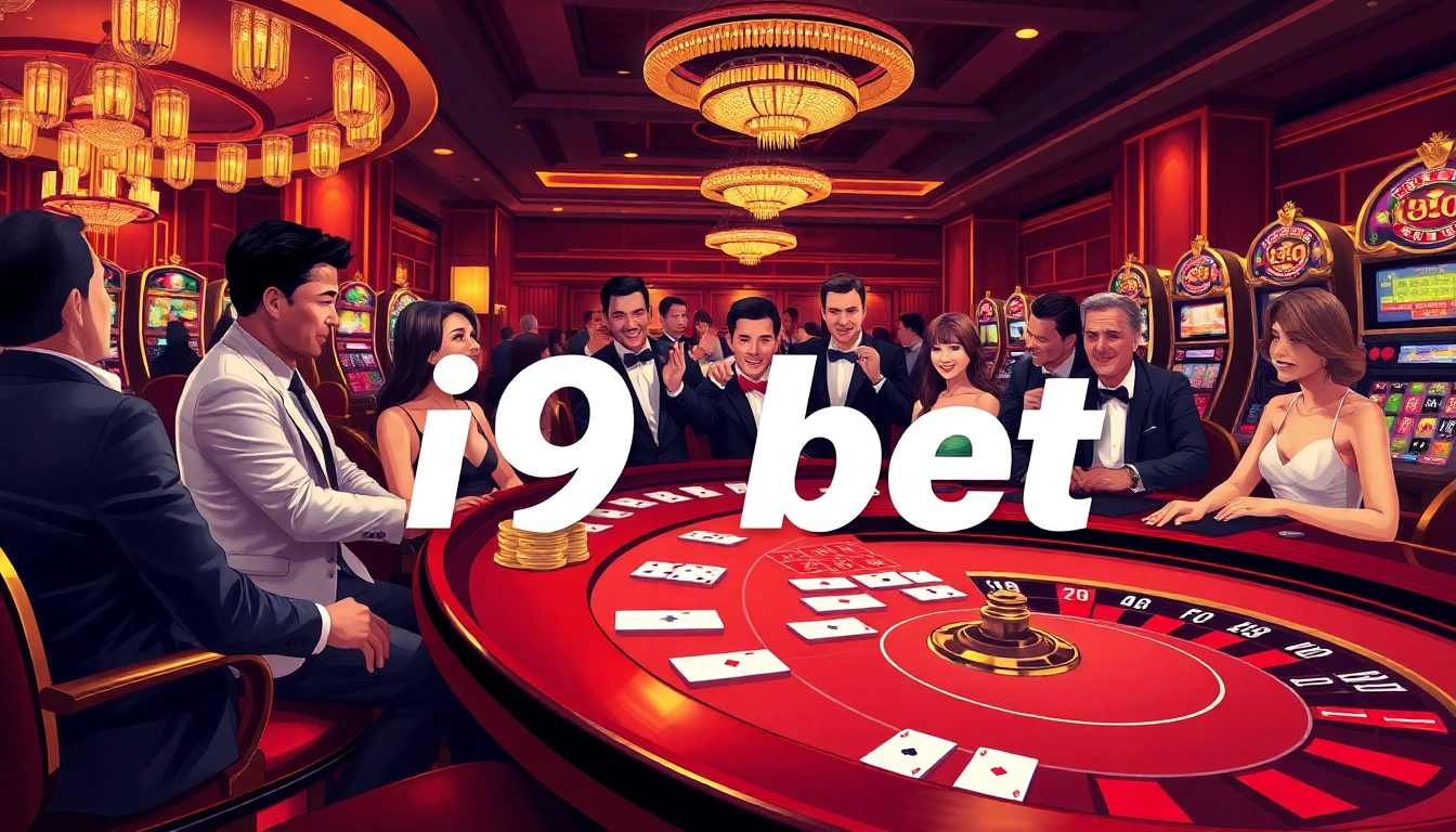 Players engaging at an i9bet casino table, showcasing excitement in a vibrant gambling scene.
