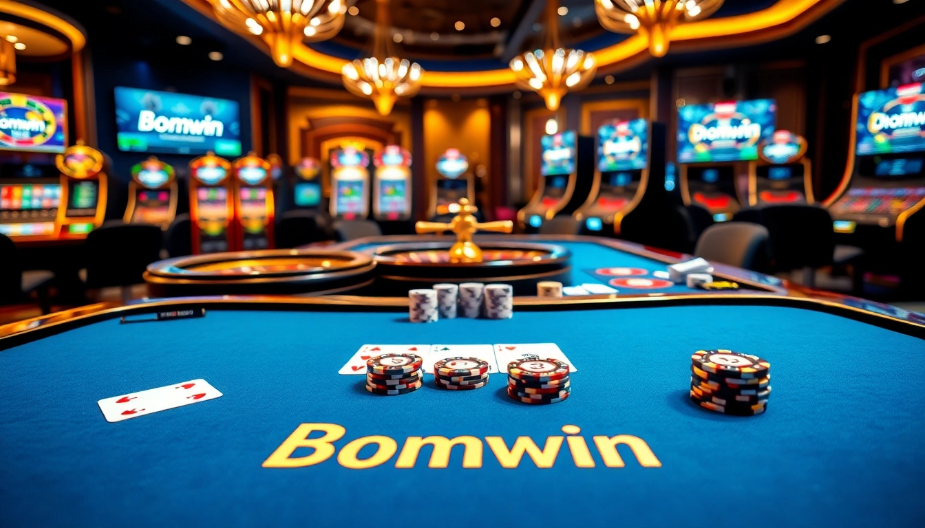 Players enjoying high-stakes poker at a luxurious casino themed around Bomwin.