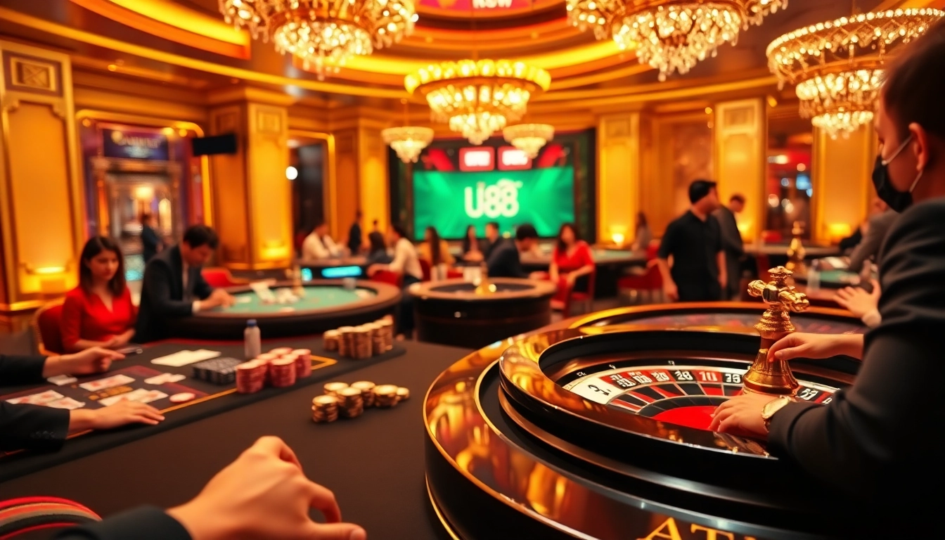 Engaged players enjoying the U88 casino experience at elegantly designed gaming tables.