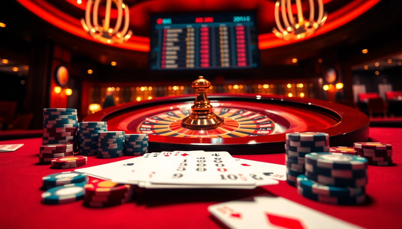 Experience the excitement of kèo nhà cái within a luxurious casino setting, featuring roulette wheels and vibrant poker chips.