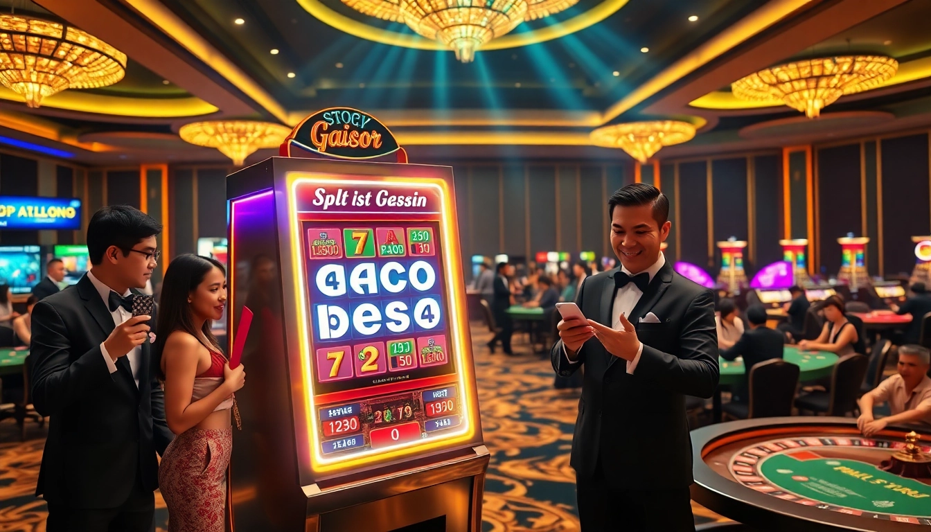 Players enjoying slot gacor bonus besar at an upscale casino, featuring vibrant slot machines and engaging gameplay.
