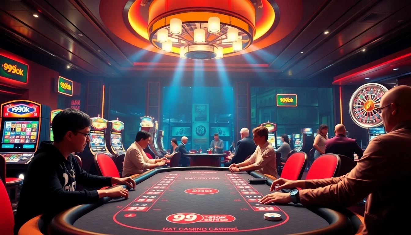 Gambling enthusiasts enjoying high-stakes poker at 99ok's luxurious casino setting.