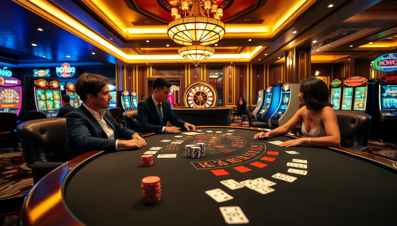 Experience thrilling gaming action at nohu90 casino with vibrant slot machines and intense blackjack.