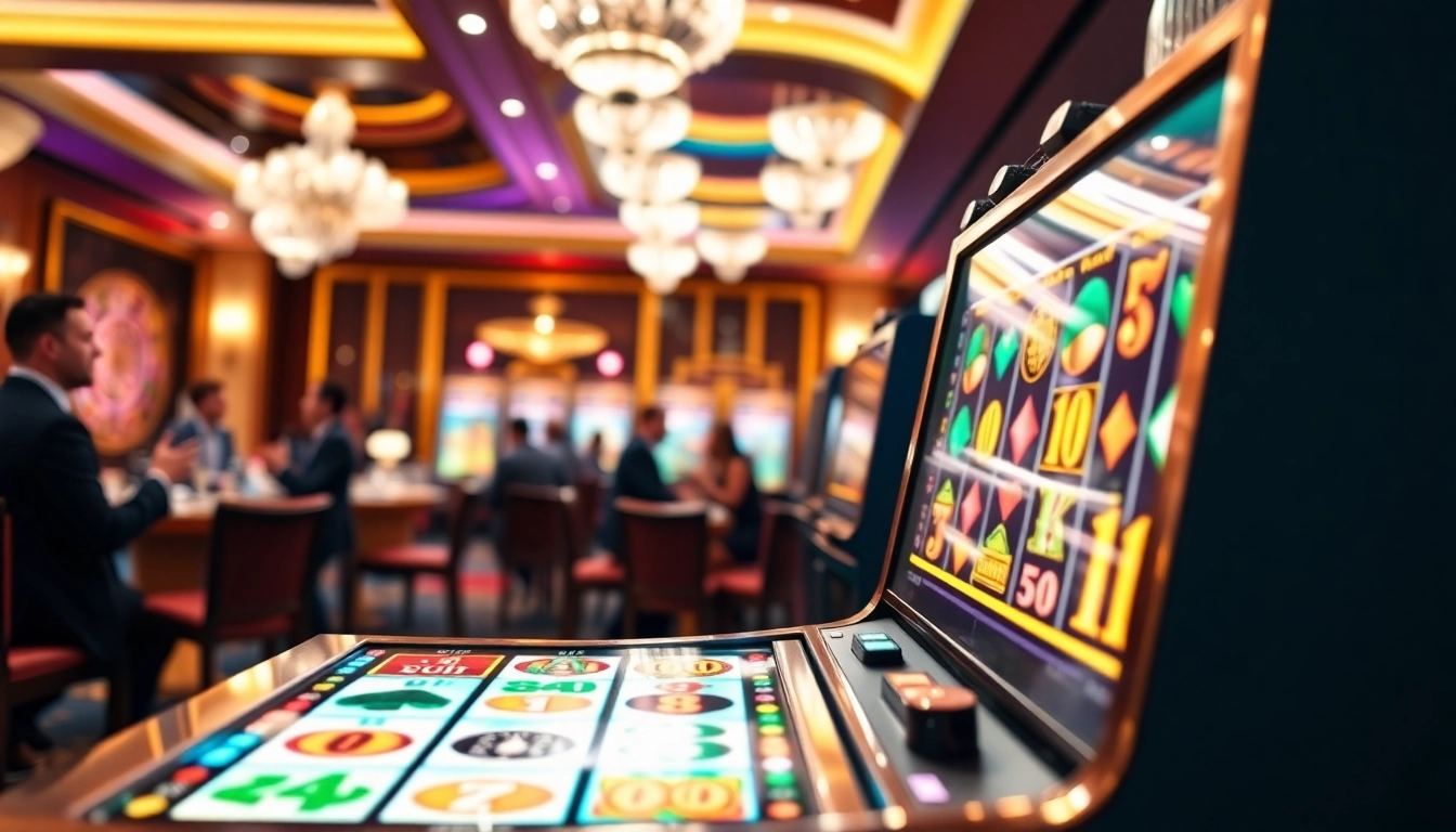 Play an engaging demo slot game surrounded by vibrant casino elements to enhance your experience.