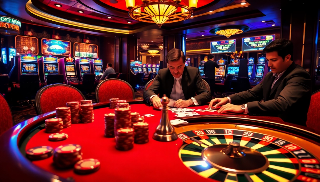 Intense poker game at a luxurious casino, showcasing nhà cái uk88 with vibrant chips and roulette wheel.