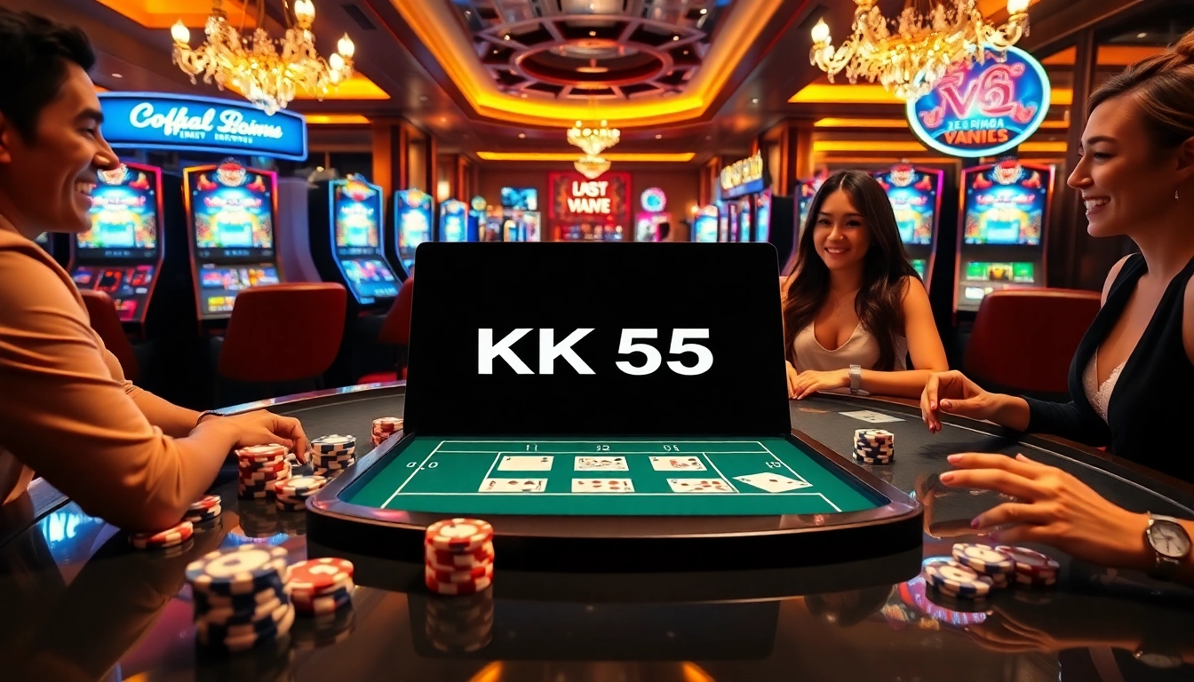 Engaged players enjoying the KK55 online casino experience with vibrant gambling elements.