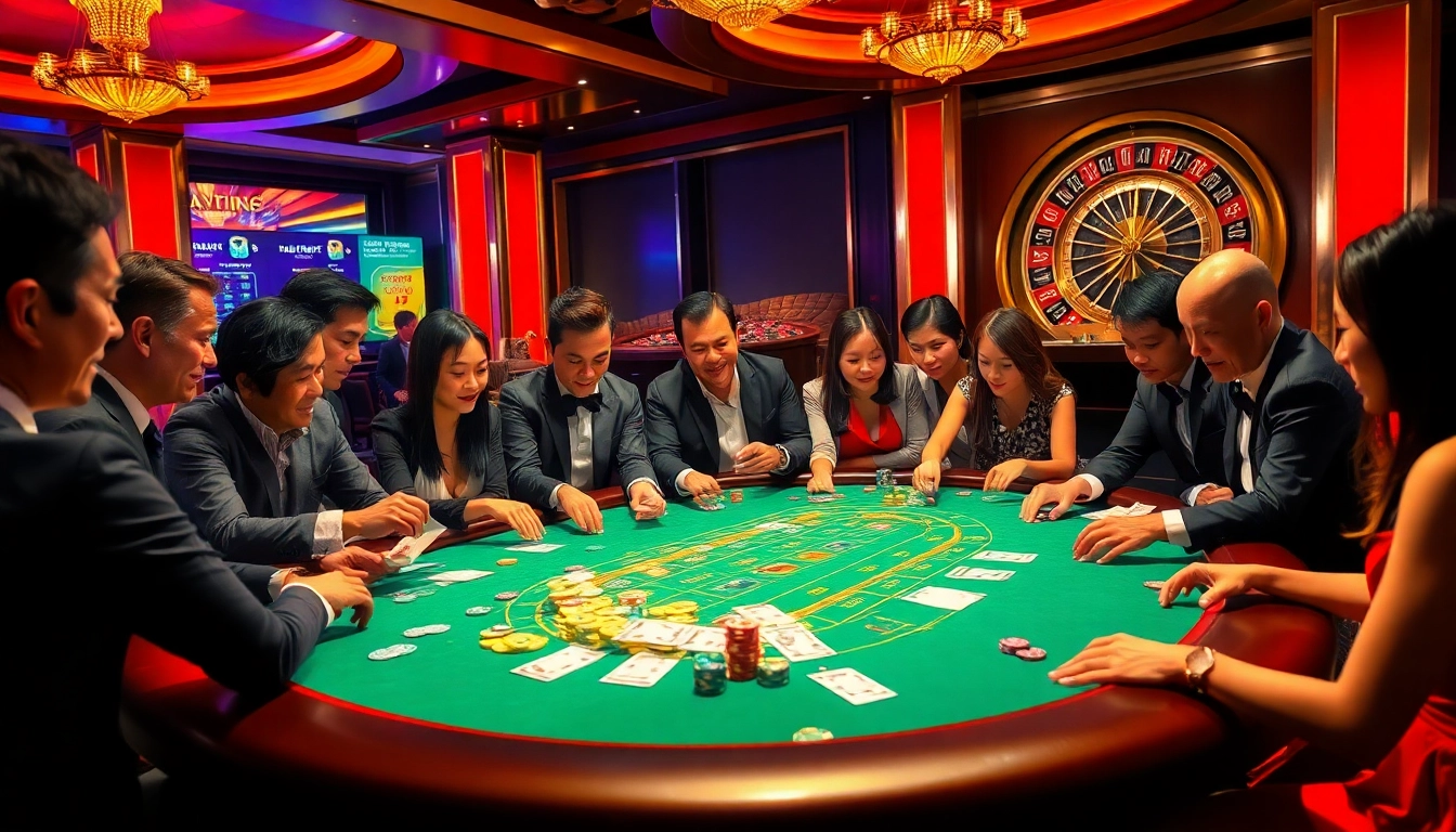 Players engaging in a thrilling togel china game at a luxurious casino table with vibrant lighting.