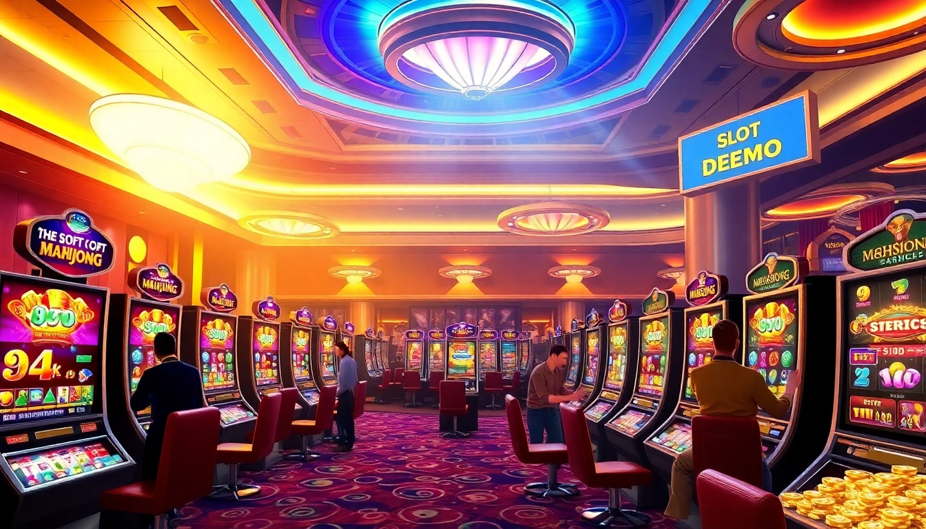 Players enjoying a slot demo experience at a luxury casino, showcasing PG Soft Mahjong games.