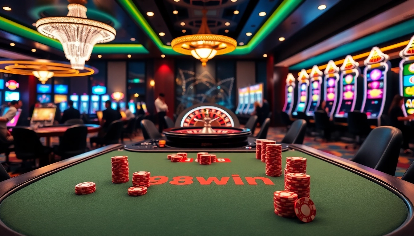 Action at a blackjack table featuring 98win players, poker chips, and a roulette wheel.
