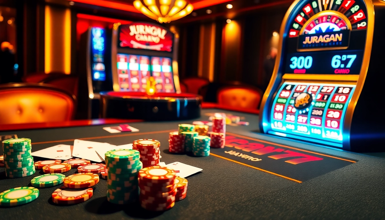 Experience thrilling gameplay at juragan77 with vibrant casino tables and lively slot machines!