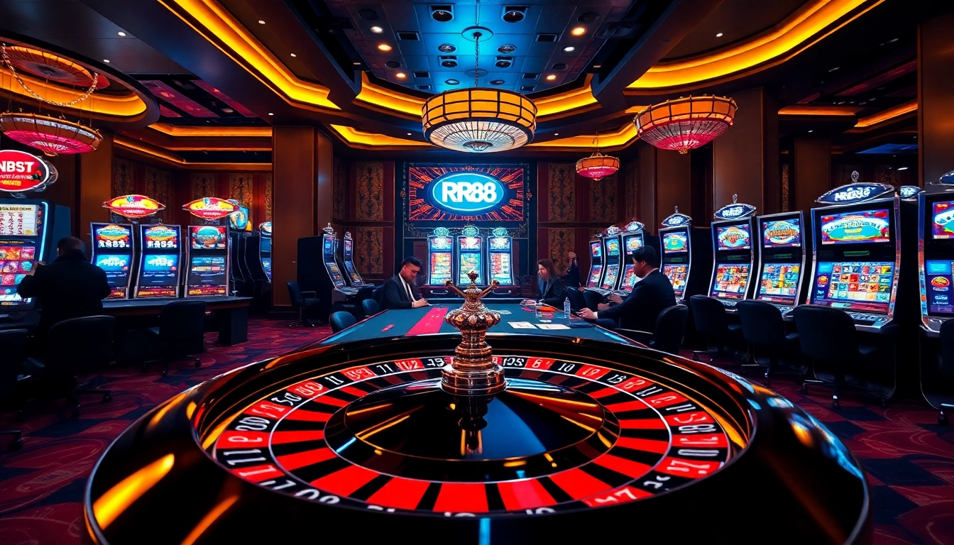 Experience the luxurious RR88 casino environment with vibrant gaming tables and jackpot slots.