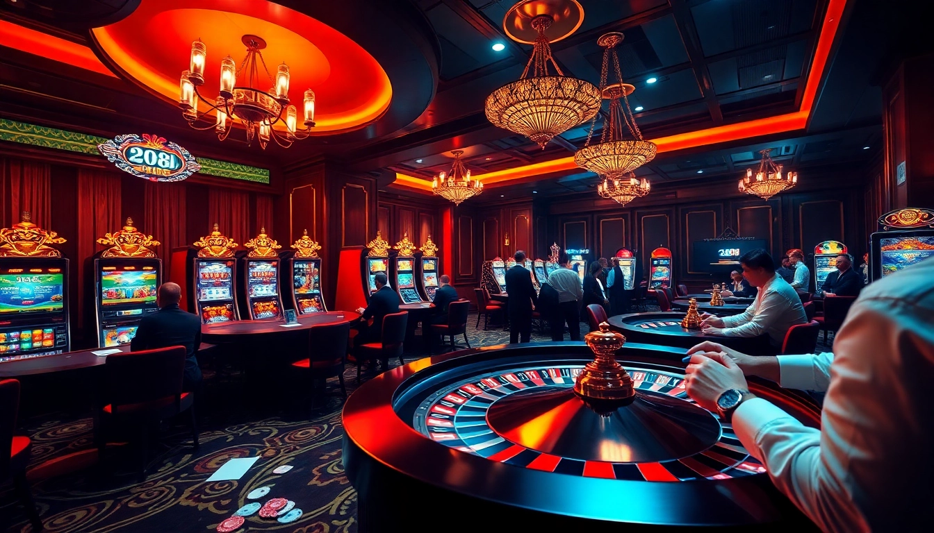 Experience the thrilling gameplay at LC88 casino with luxurious slot machines and a vibrant roulette wheel.