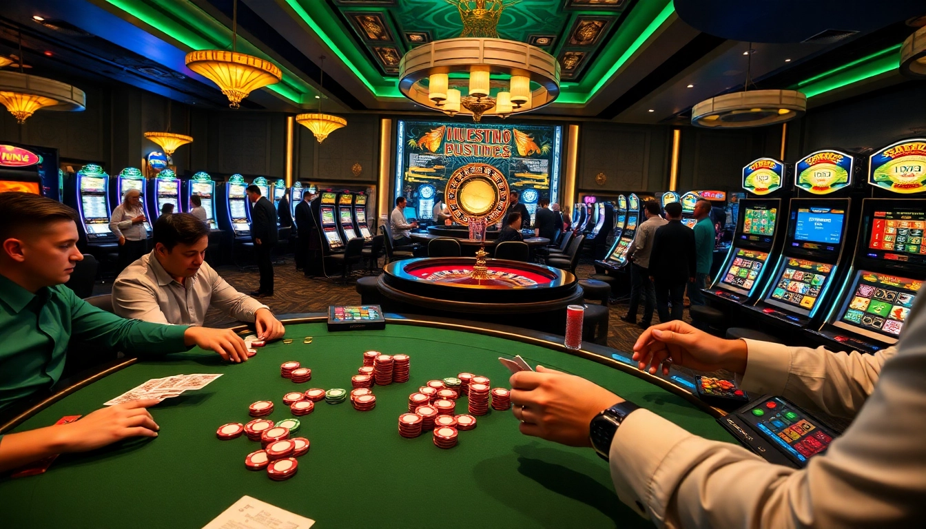 Exciting gameplay at SODO CASINO with poker tables and roulette wheels lighting up the scene