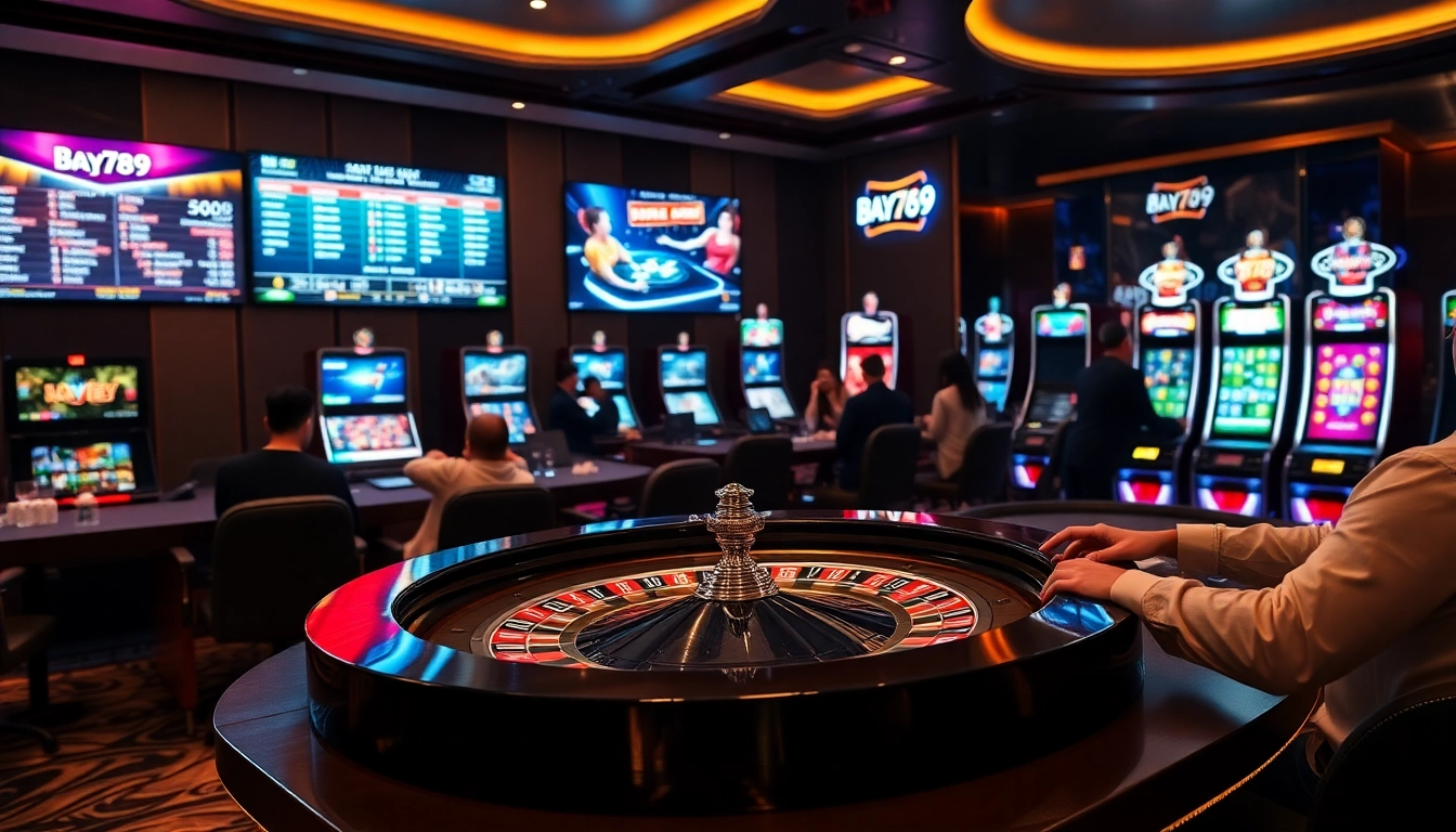 Experience the thrill of Bay789 online gambling with vibrant slot machines and roulette tables.
