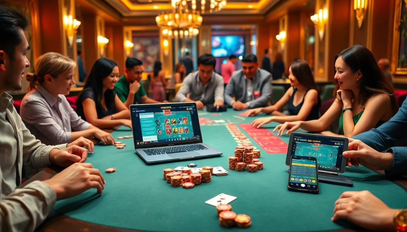 IWIN68 players enjoying a high-stakes game in a luxurious casino setting, showcasing excitement and sophistication.