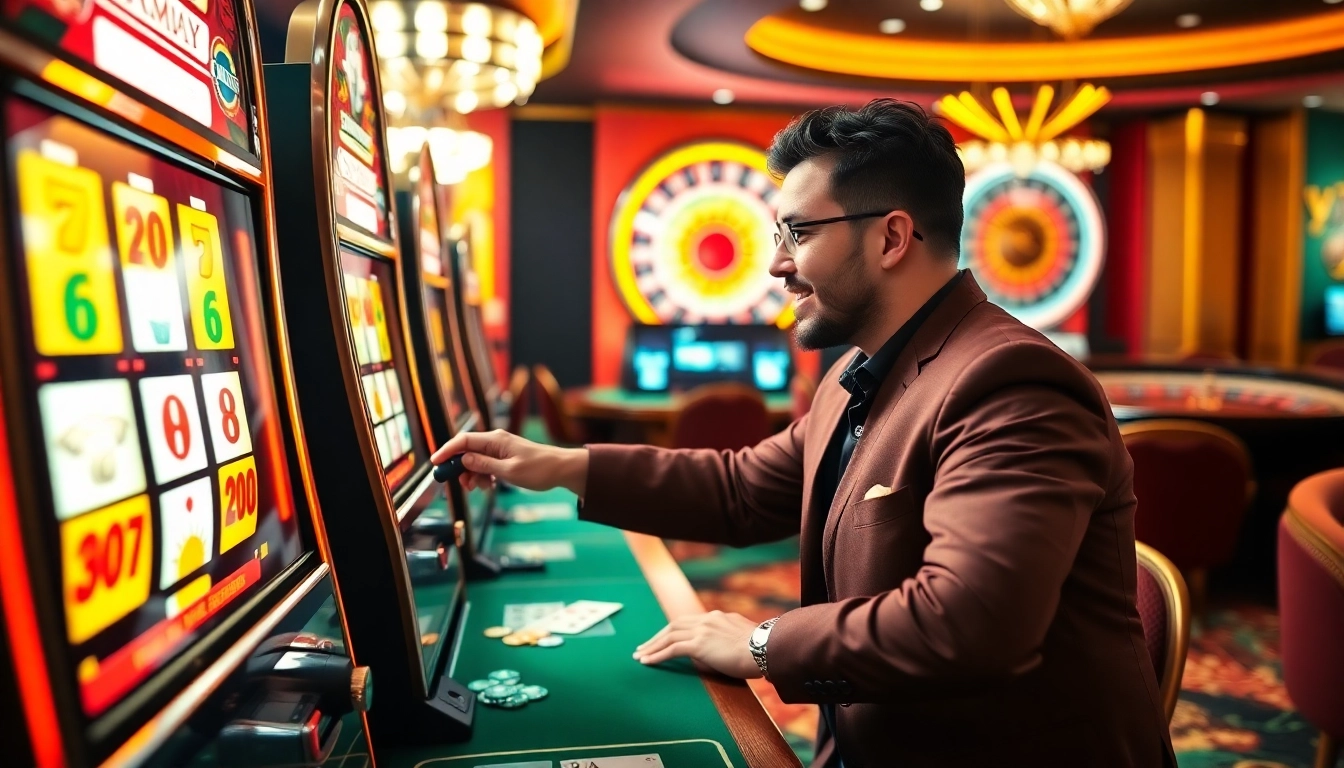 Excited player engaging with slot demo machine in luxury casino setup.