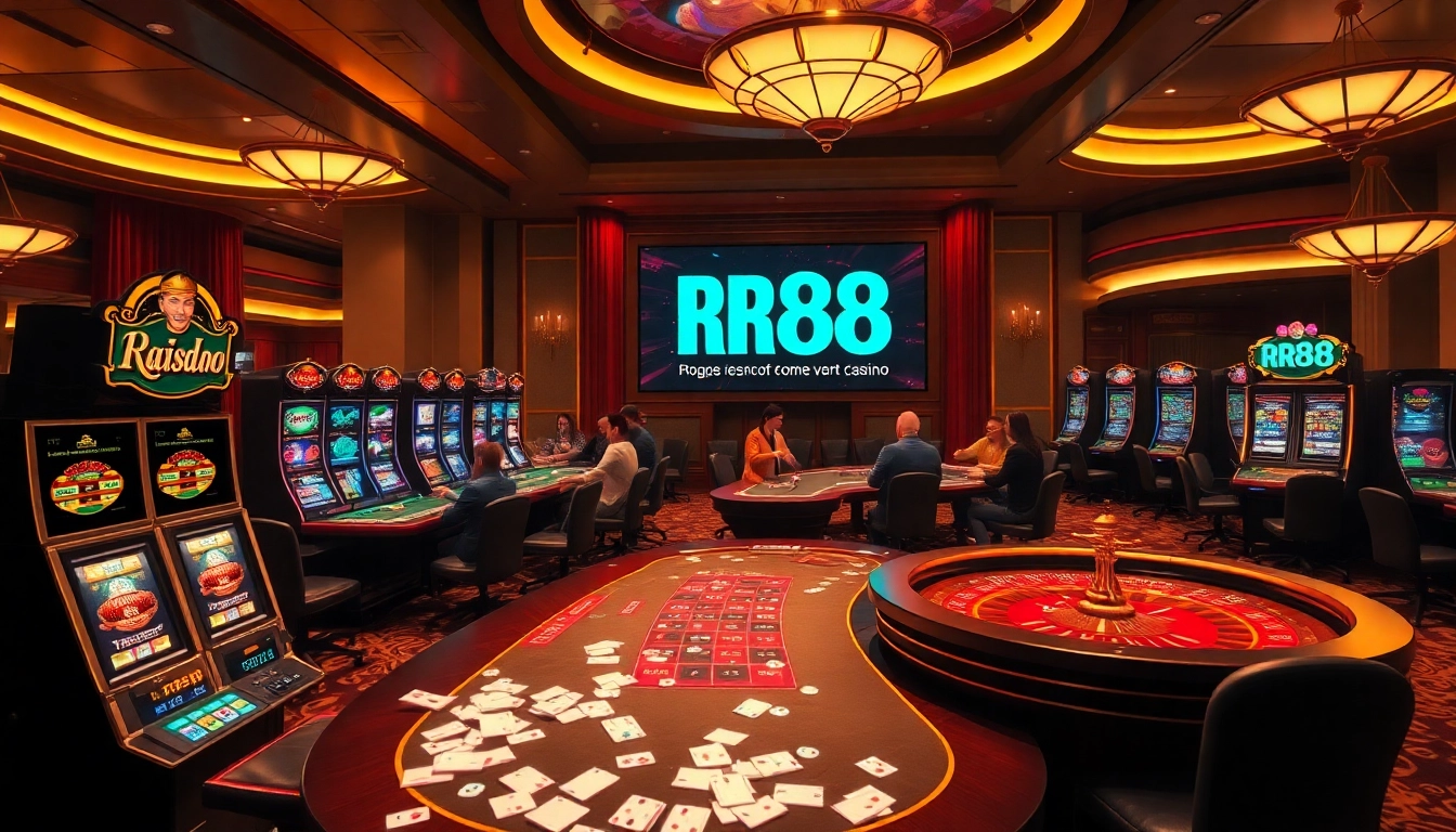 Experience thrilling gameplay at RR88's luxurious casino tables with vibrant slot machines and live poker action.