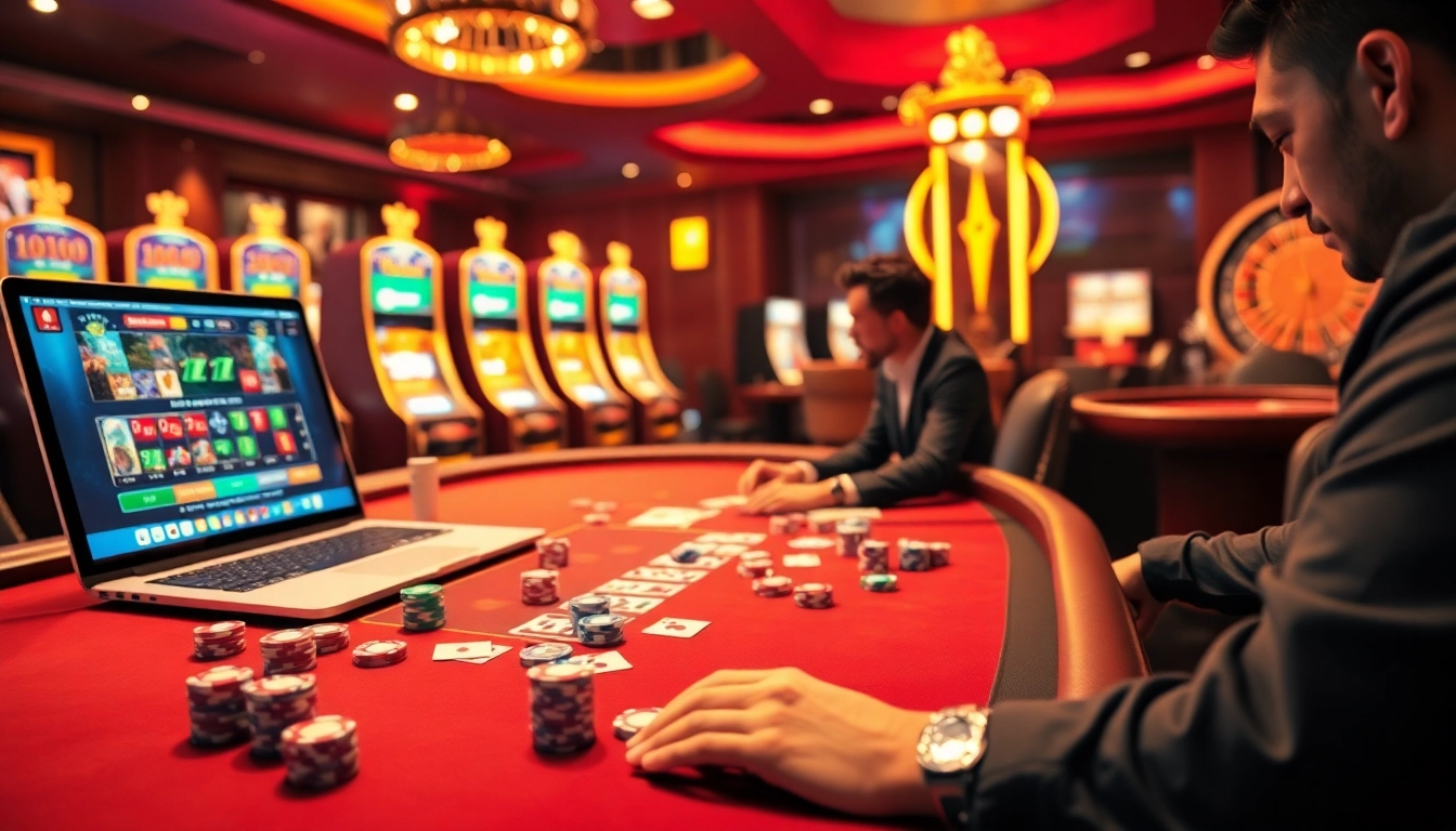 Engage in thrilling gameplay at Dominoqiu with vibrant poker tables and illuminated slot machines.