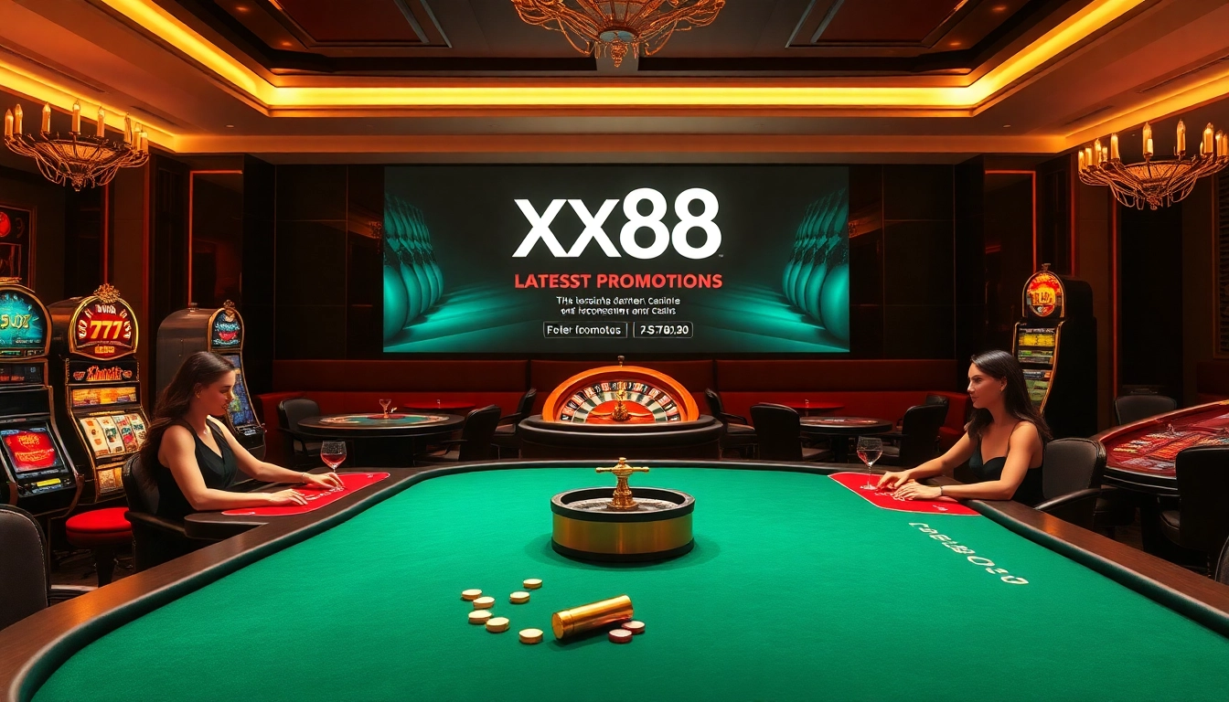 Gathering excitement at XX88 casino with elegant gaming tables and vibrant slot machines.