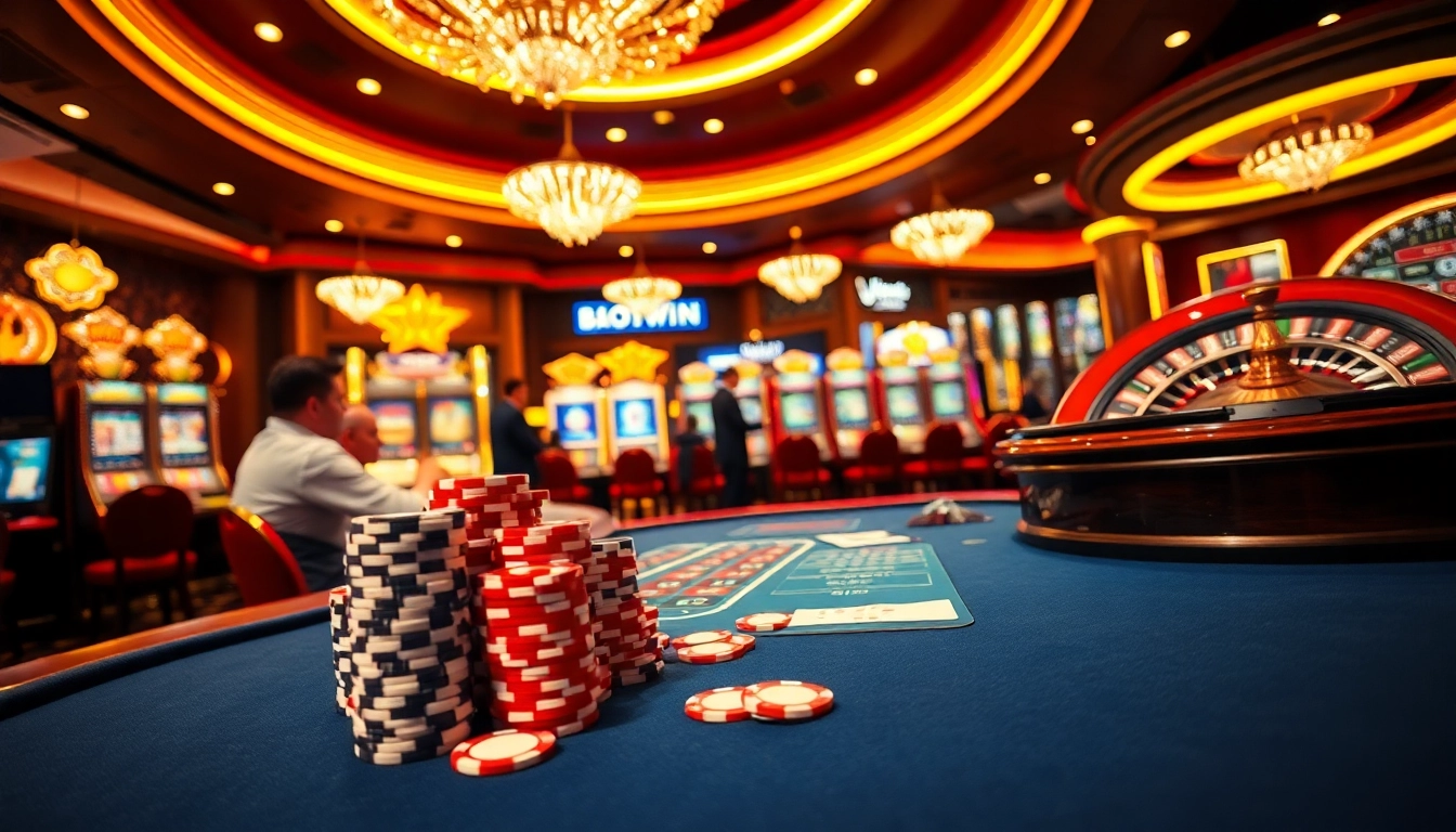 Experience thrilling gameplay at Bomwin with stacked poker chips and vibrant slot machines.