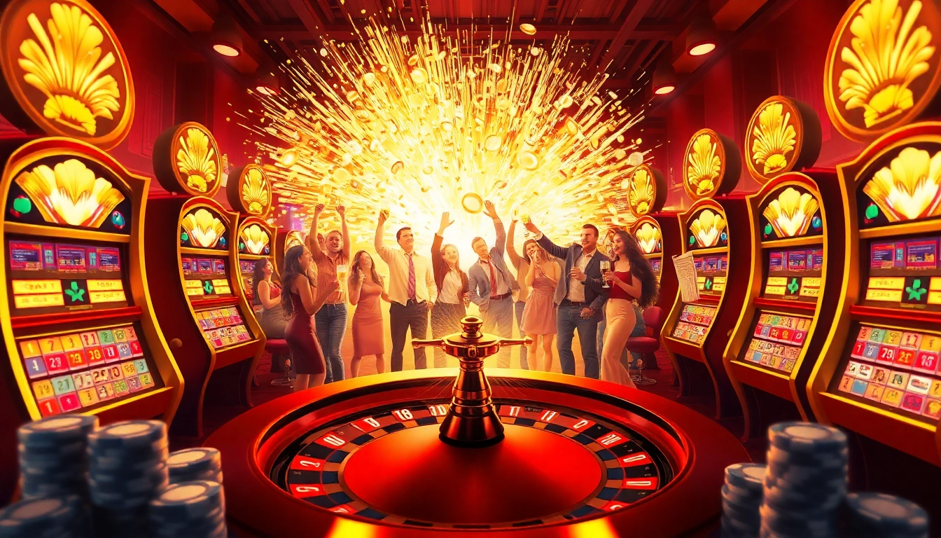 Celebrating the explosion of a prize-winning lottery at a vibrant casino scene with roulette and joyful players.