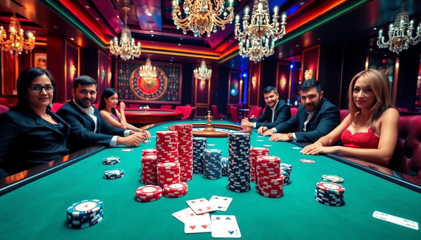 Players engaging in an exciting poker game at HITCLUB's luxurious casino table, showcasing strategy and glamour.