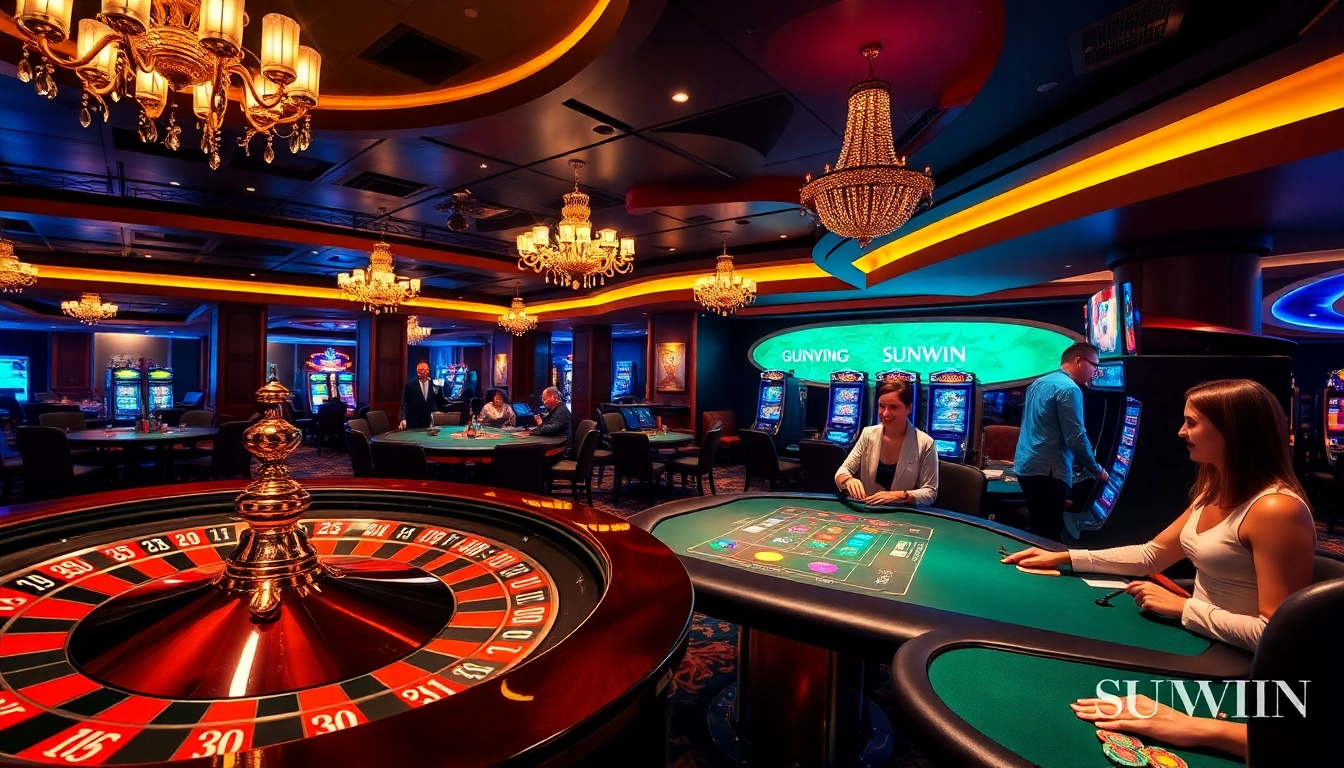 Experience thrilling gameplay at Sunwin with vibrant casino atmosphere featuring roulette and poker tables.