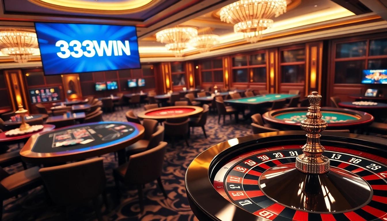 Engaging casino scene showcasing 33WIN logo with poker chips and a roulette wheel.