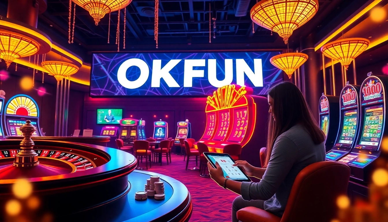 Engage with OKFUN's exciting online casino experience featuring vibrant roulette and slot machines.