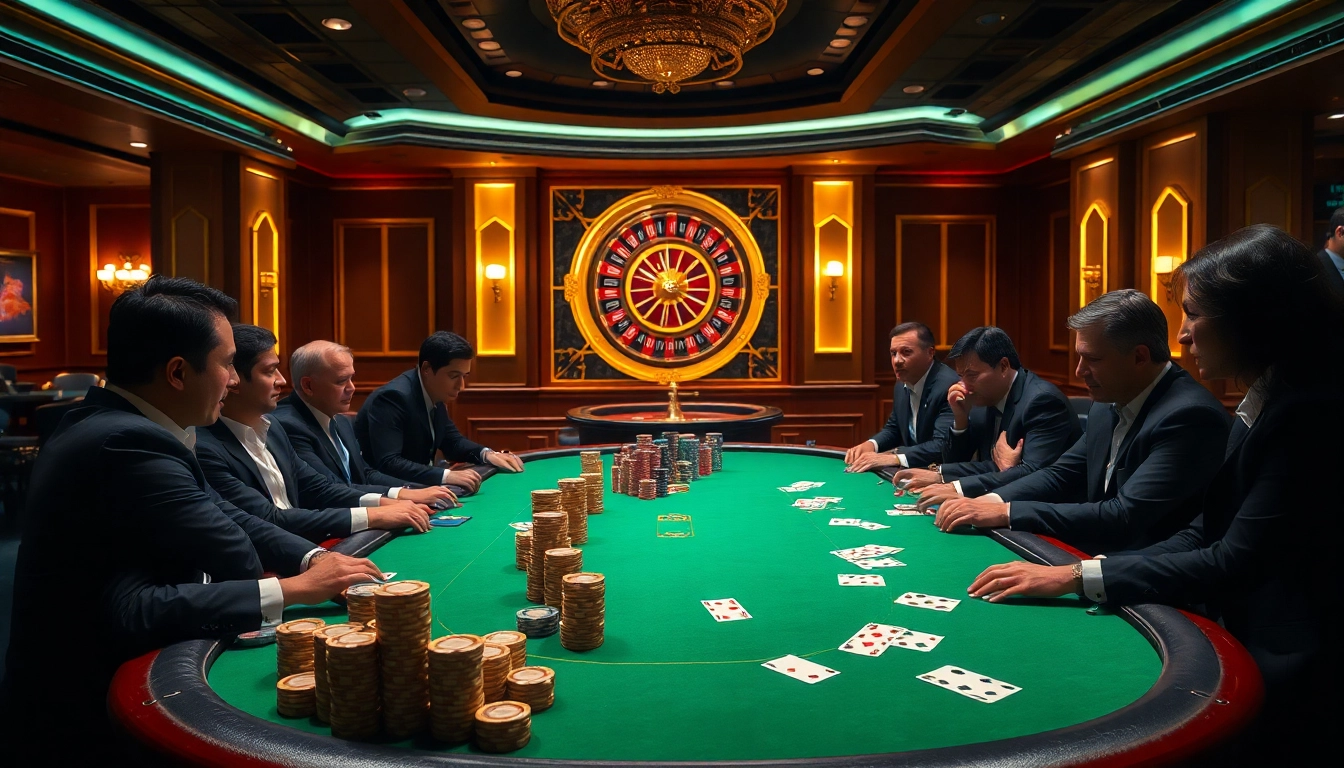 KJC poker players enjoying an exciting game at a luxurious casino table.