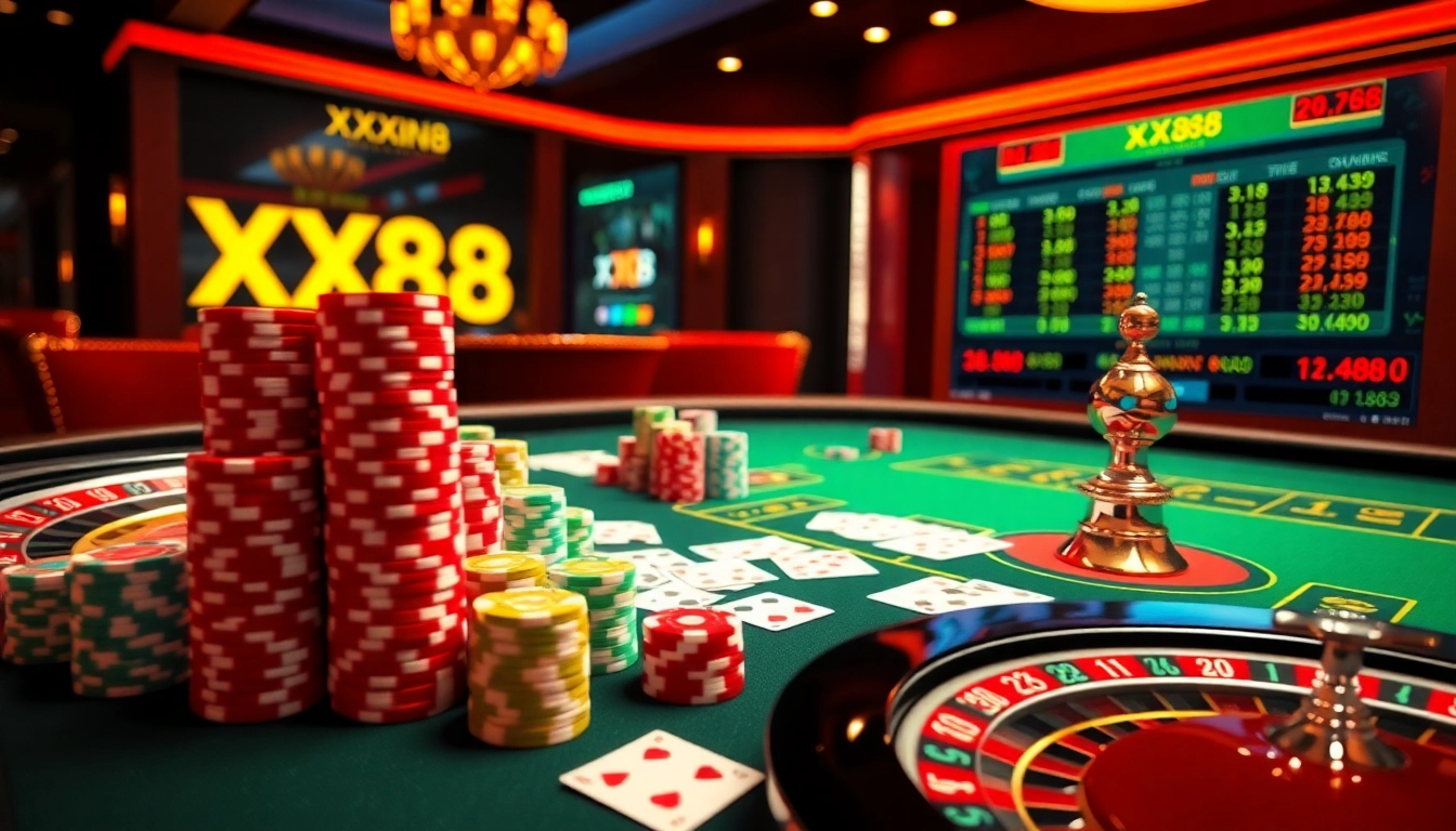 Casino gaming scene highlighting online gambling at XX88 with cards, chips, and a roulette wheel.