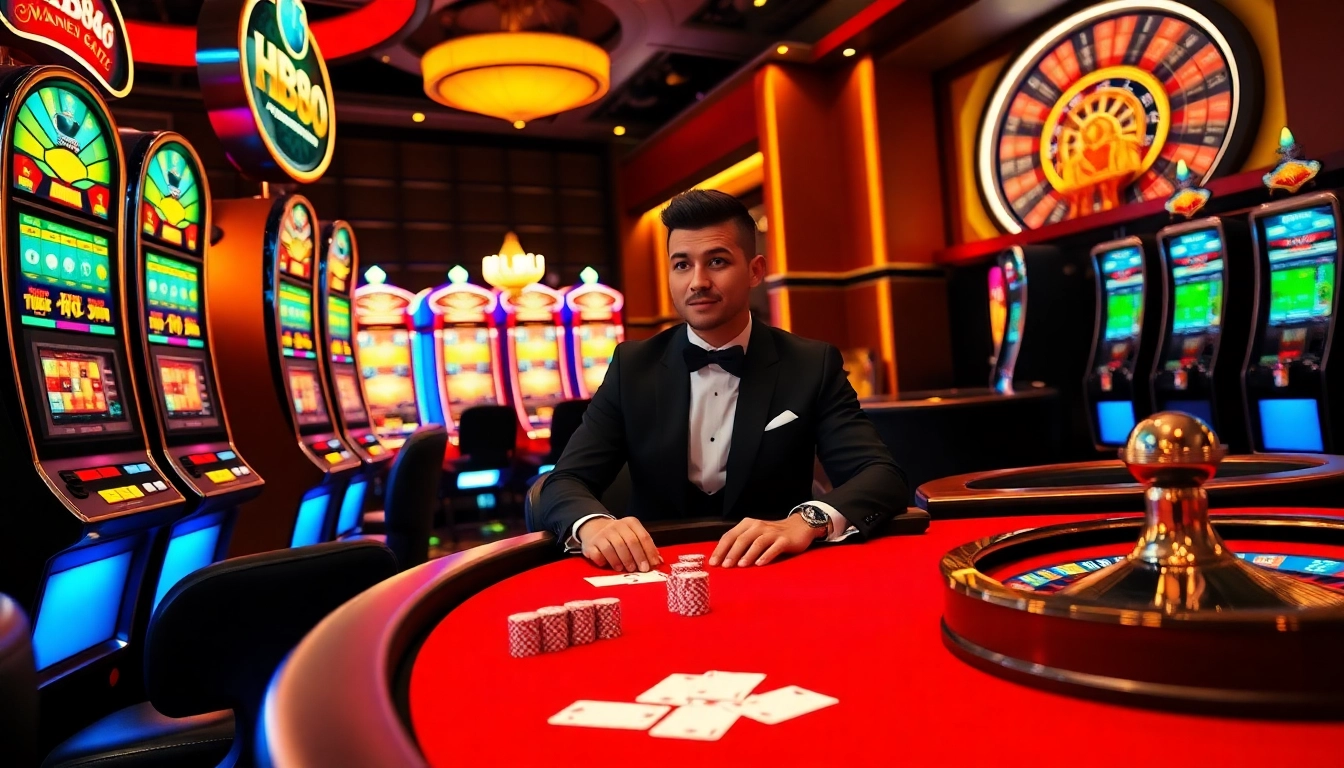 Experience the excitement of HB88 at a luxurious poker table with vibrant slot machines