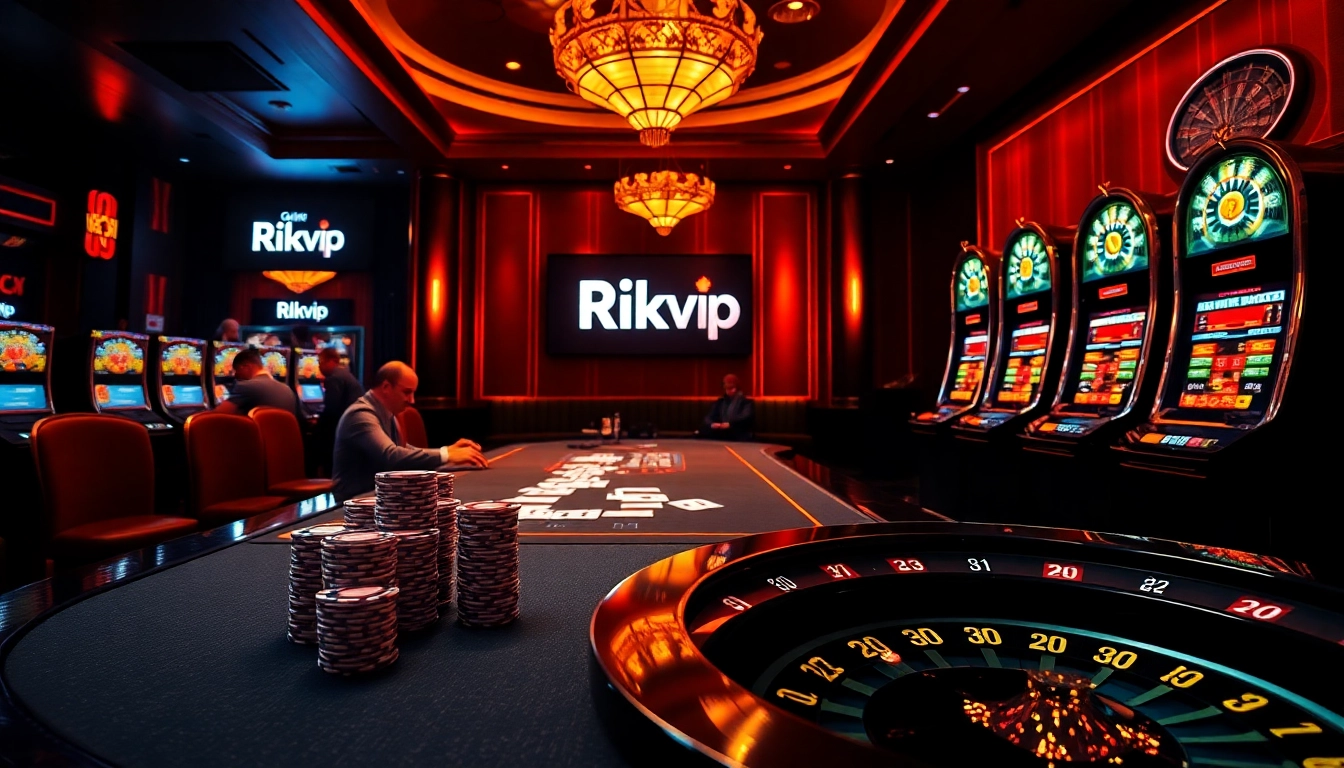Rikvip players engaging at a high-stakes poker table in a vibrant casino atmosphere.