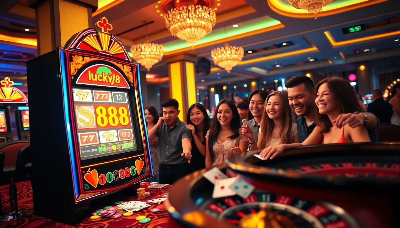 Excited players enjoying a winning moment at the lucky88 bet slot machine in an elegant casino.